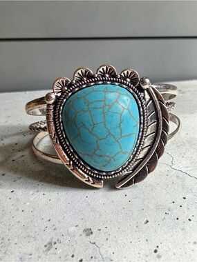 Turquoise Stone Silver-Tone Cuff Bracelet - Women Jewelry